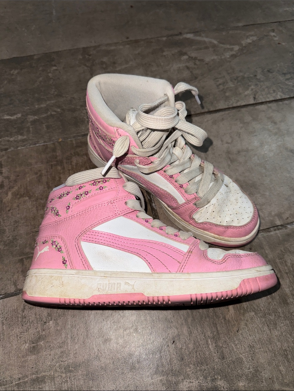 Puma Pink and White Kids' High-Top Sneakers with Floral Accents